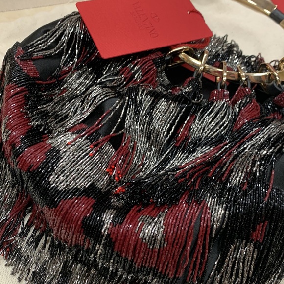 VALENTINO GARAVANI BEADED FRINGE SATIN CLUTCH WITH GOLD TONE ROUND HANDLE - Picture 12 of 16